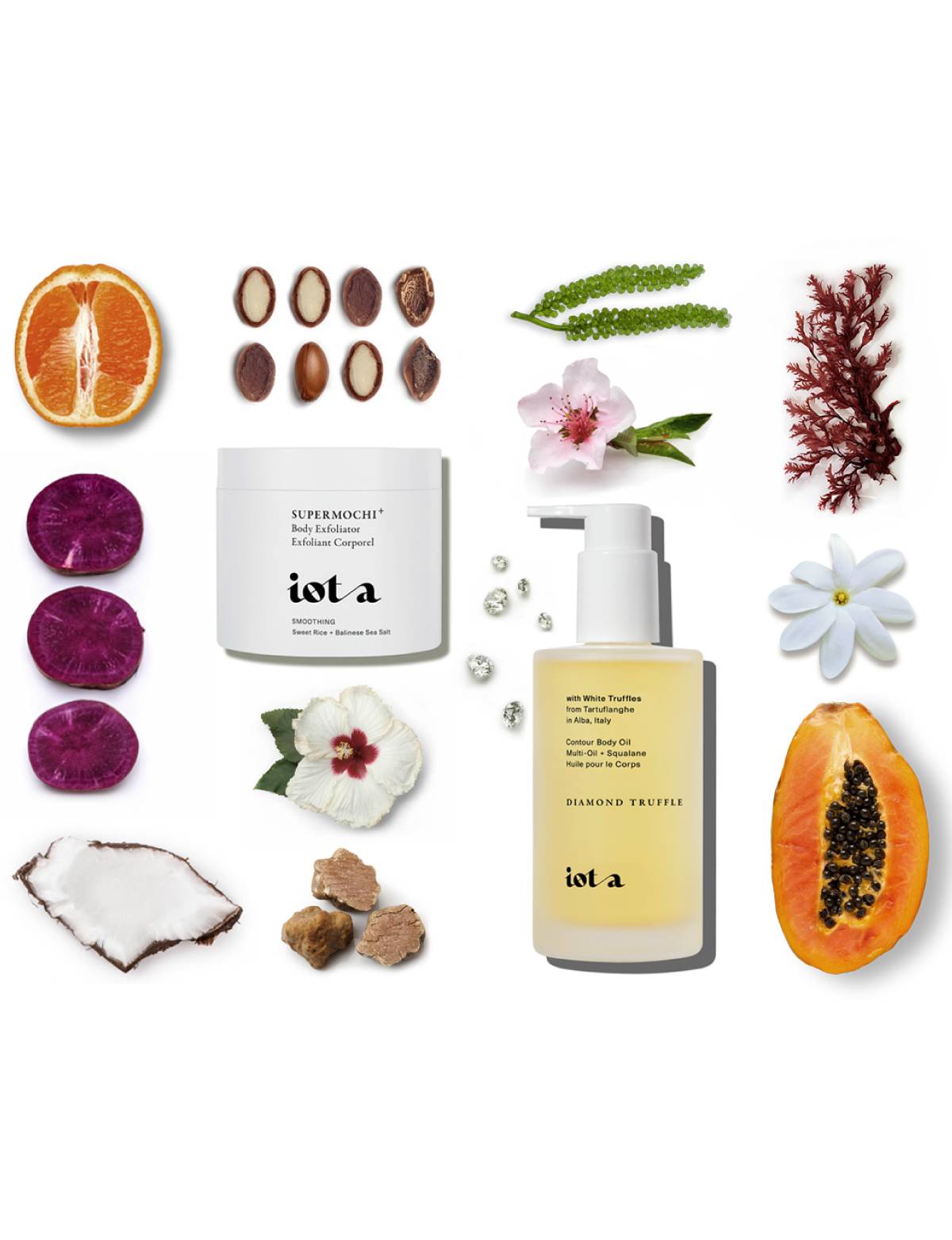 iota skincare products with natural ingredients on a white background